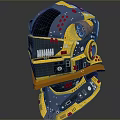 Futuristic Mechanical Helmet Weapon With Yellow Blue Black Red Buttons Dials Gears