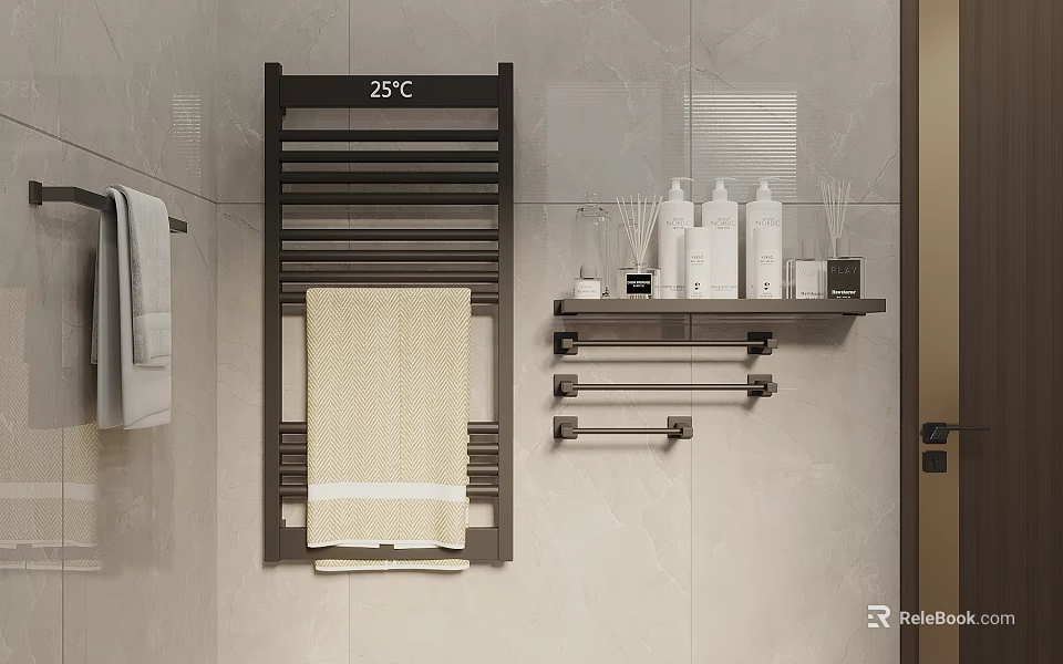 Modern Bathroom Accessories With Heated Towel Rail Shelf Towels And Toiletries 3d model 