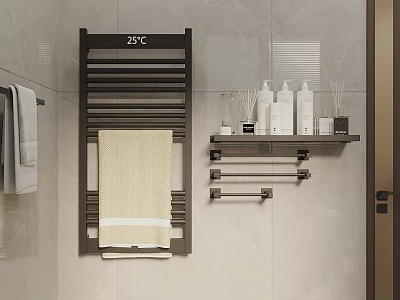 Modern Bathroom Accessories With Heated Towel Rail Shelf Towels And Toiletries 3d model