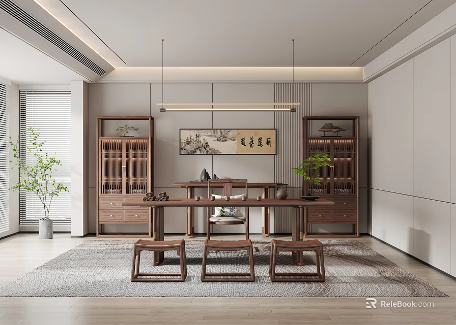 Modern Tea Room Interior With Wooden Table Cabinets Hanging Lights Decorative Painting And Green Plants 3d model 