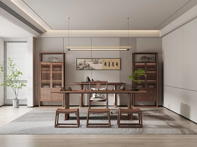 Modern Tea Room Interior With Wooden Table Cabinets Hanging Lights Decorative Painting And Green Plants 3d model