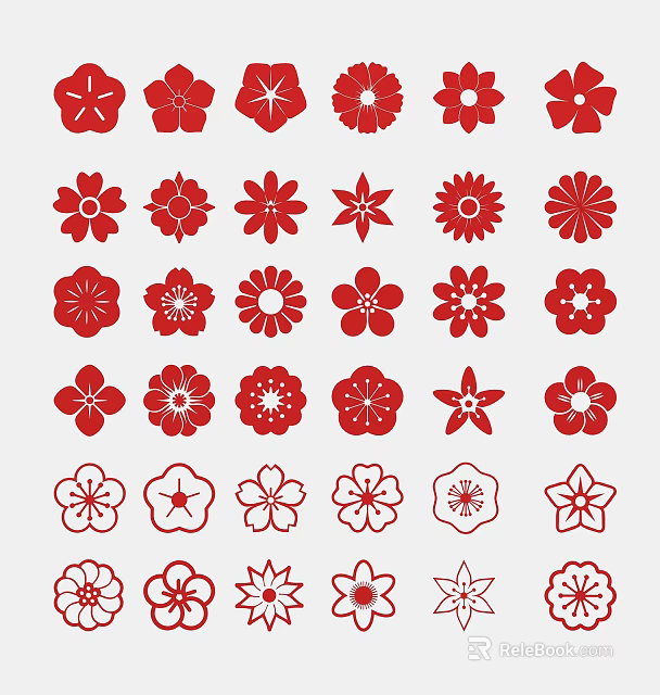 Red and White Floral Pattern Wall Decor Featuring Various Flower Designs 3d model