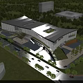 Birds Eye View Planning of Modern Commercial Building with Glass Facade Greenery and Roads
