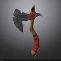 Medieval Battle Axe Weapon With Gray Intricate Head And Wooden Red Strapped Handle