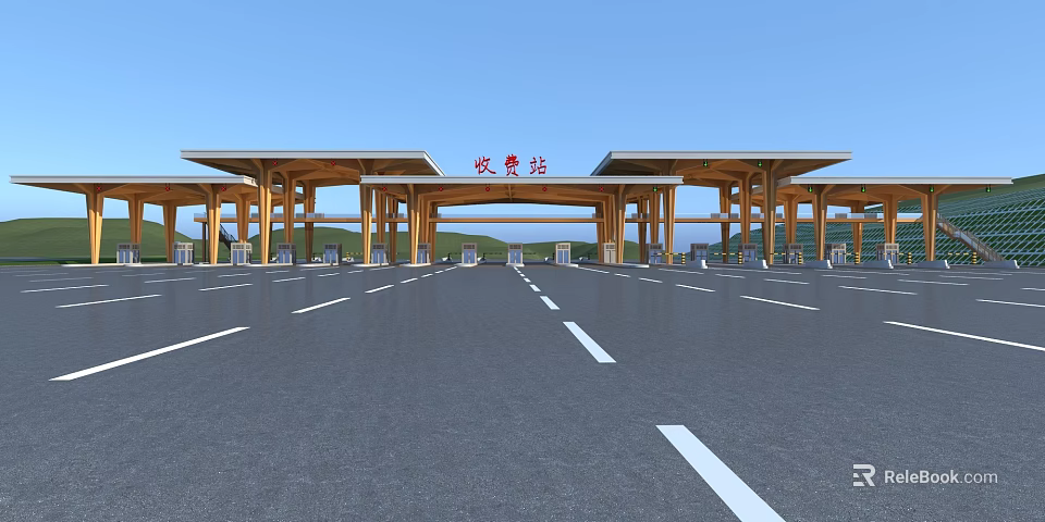 Modern Toll Station Building With Covered Canopies Multiple Lanes And Roadway 3d model 