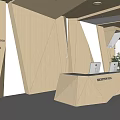 Modern Office Lobby With Wooden Geometric Reception Desk Two Computers And Hanging Lights