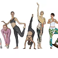Group of women actively practicing various dynamic yoga poses in sporty outfits