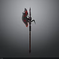 Ornate Battle Axe with Spear Tip Long Handle and Red Accent Design