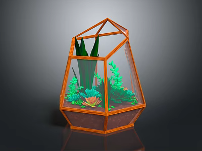 Geometric Glass Terrarium With Orange Frame And Green Succulent Plants Inside 3d model