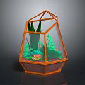 Geometric Glass Terrarium With Orange Frame And Green Succulent Plants Inside