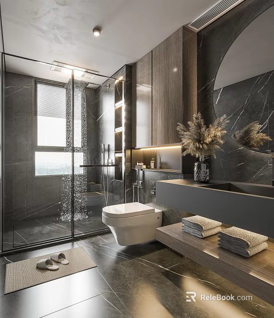 Modern Bathroom Interior Design With Glass Shower Toilet Marble Walls And Vanity 3d model 