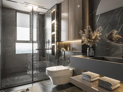 Modern Bathroom Interior Design With Glass Shower Toilet Marble Walls And Vanity 3d model