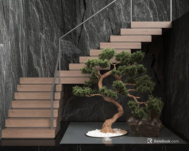 Modern Staircase With Wooden Steps Glass Railing And Bonsai Tree Against Marble Wall 3d model 