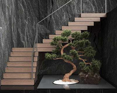 Modern Staircase With Wooden Steps Glass Railing And Bonsai Tree Against Marble Wall 3d model