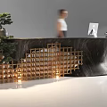 Elegant Reception Desk With Marble Top Wooden Lattice Green Plant And Computer