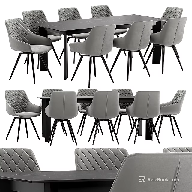 Modern Gray Upholstered Dining Table Set With Diamond Pattern Chairs And Black Legs 3d model 