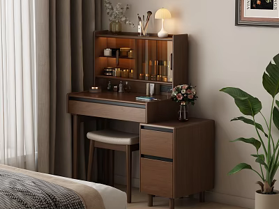 Wooden Dressing Table With Mirror Cabinet Stool Flower Vase And Lamp In Bedroom 3d model