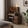 Wooden Dressing Table With Mirror Cabinet Stool Flower Vase And Lamp In Bedroom