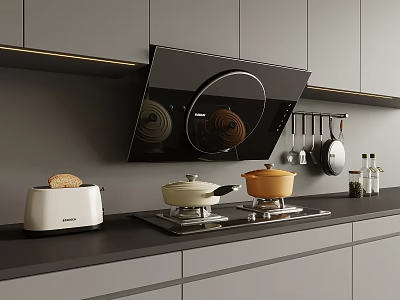 Modern Kitchen With Gray Cabinets Black Range Hood Toaster And Cookware On Dark Countertop 3d model