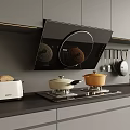 Modern Kitchen With Gray Cabinets Black Range Hood Toaster And Cookware On Dark Countertop