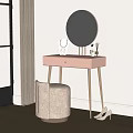 Pink Vanity Table with Gold Legs Round Mirror and Beige Stool Decorative Items