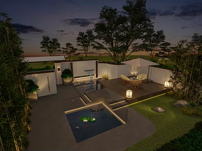 Modern Nighttime Garden Landscape With Patio Pool Water Feature Lighting Greenery And Seating 3d model