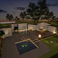 Modern Nighttime Garden Landscape With Patio Pool Water Feature Lighting Greenery And Seating