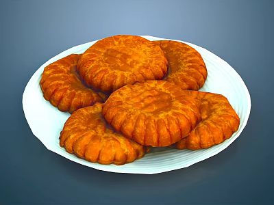 Delicious Golden Round Textured Pastries Served On White Plate For Tea Time 3d model
