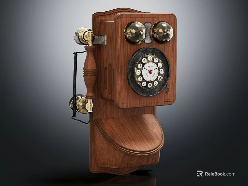 Vintage Wooden Wall Mounted Telephone With Rotary Dial And Brass Bells Digital Device 3d model 