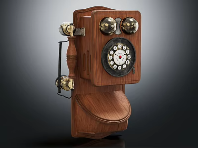 Vintage Wooden Wall Mounted Telephone With Rotary Dial And Brass Bells Digital Device 3d model