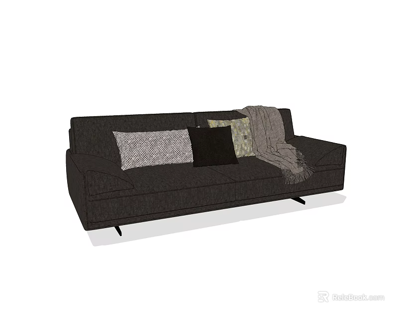 Modern Black Double Sofa With Textured Decorative Pillows And Throw Blanket 3d model