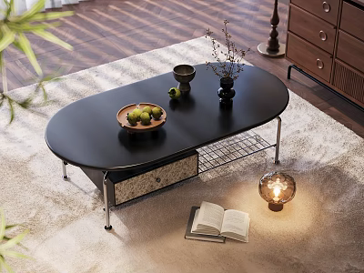 Black Oval Coffee Table With Drawer Fruit Tray Vase Open Book And Lamp On Rug 3d model