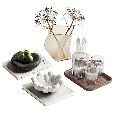 Elegant Decorative Ornament Set With Glass Vase Dried Flowers Glass Cups And Wooden Tray 3d model