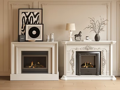 Elegant Fireplaces With Art Decor And Lighting In Living Space 3d model