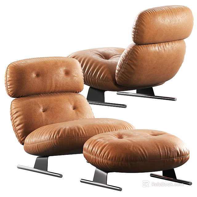 Brown Leather Leisure Chair With Matching Ottoman Modern Tufted Design Metal Legs Comfortable Seating 3d model 