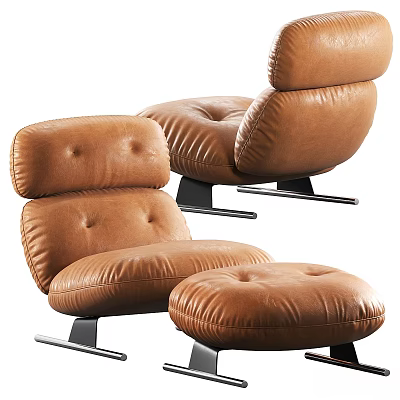 Brown Leather Leisure Chair With Matching Ottoman Modern Tufted Design Metal Legs Comfortable Seating 3d model