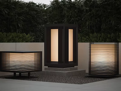Modern Outdoor Lights With Grille Design Illuminated In Garden With Green Plants 3d model