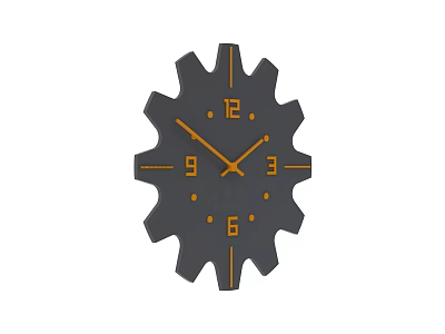 Gear Shaped Black Clock with Orange Hands Numbers and 12 3 6 9 Markings 3d model