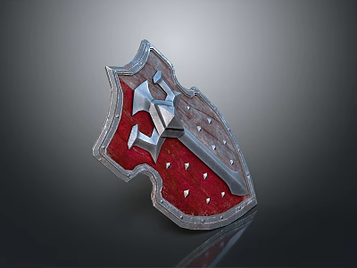 Medieval Red And Silver Metal Shield With Spiked Edges And Decorative Emblem 3d model