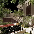 Modern Courtyard Garden Features Trees Shrubs Red Flowers And White Staircase Railings