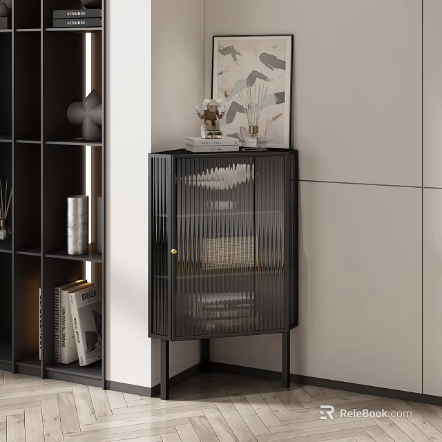 Stylish Modern Black Cabinet With Ribbed Glass Doors And Decorative Artwork Near Bookshelf 3d model 