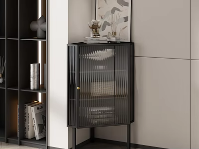 Stylish Modern Black Cabinet With Ribbed Glass Doors And Decorative Artwork Near Bookshelf 3d model