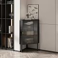 Stylish Modern Black Cabinet With Ribbed Glass Doors And Decorative Artwork Near Bookshelf