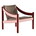Modern Leisure Chair with Red Wooden Frame Curved Armrests Gray Woven Seat