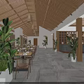 Tropical Restaurant Interior With Wooden Ceiling Chandeliers Marble Buffet Counters And Green Plants