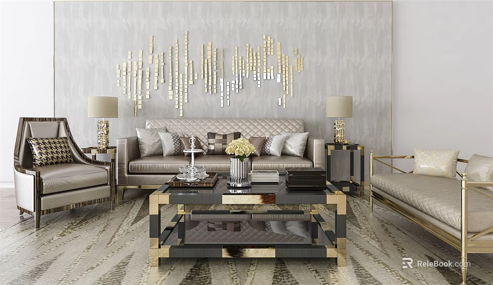 Modern Luxury Sofa Coffee Table Set With Golden Wall Decor Throw Pillows And Table Lamps 3d model 