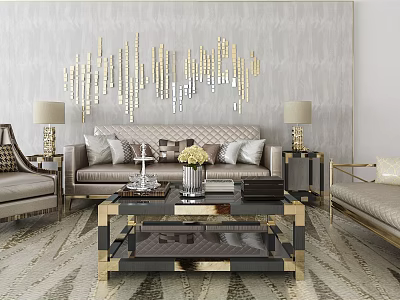 Modern Luxury Sofa Coffee Table Set With Golden Wall Decor Throw Pillows And Table Lamps 3d model