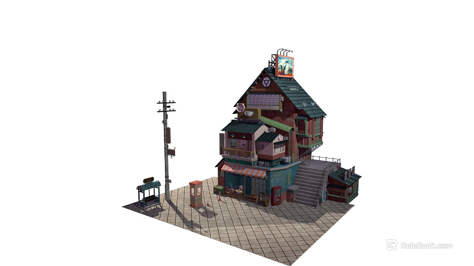 Cartoon Scene of Quirky Multi Floor Building with Staircase Street Lamp and Mailbox 3d model 
