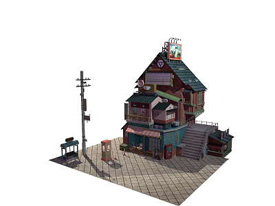 Cartoon Scene of Quirky Multi Floor Building with Staircase Street Lamp and Mailbox 3d model
