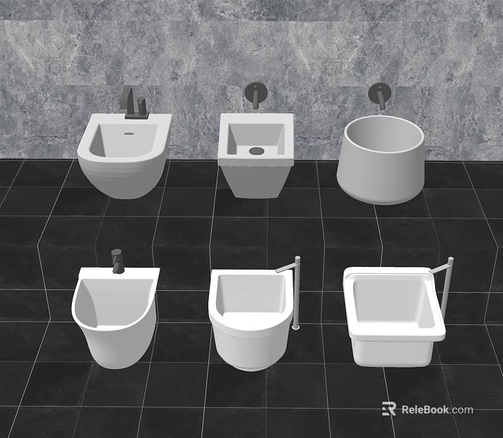 White Bathroom Fixtures Collection With Various Sink Toilet Bidet Designs Gray Wall Black Floor Tiles 3d model 